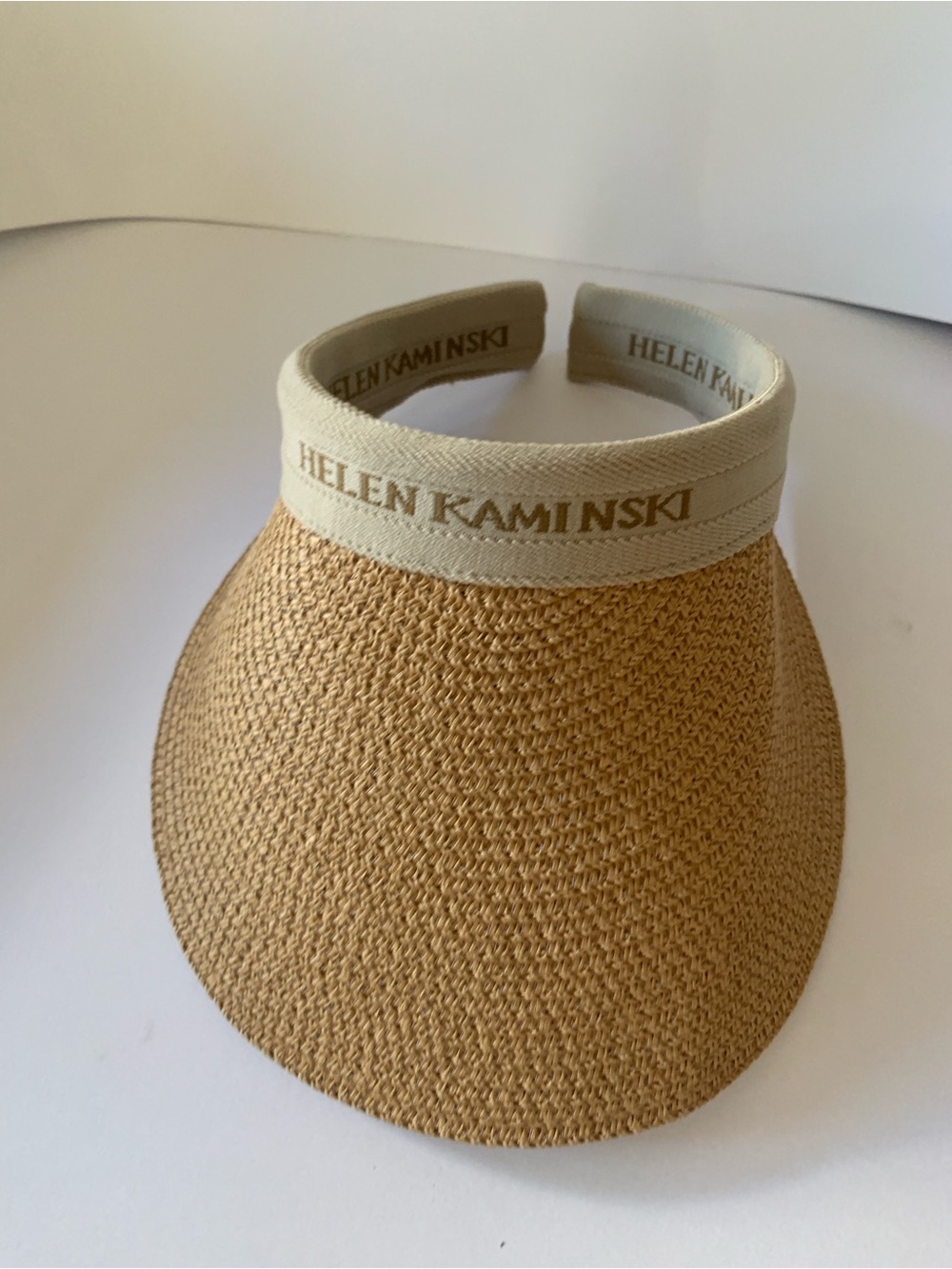 Helen Kaminski Tan Straw Visor with Cream Logo Band